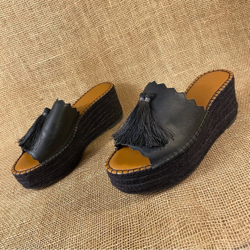 Women Sandals Platform Black Halston Espadrille Heeled Tassels cLeather 9 M